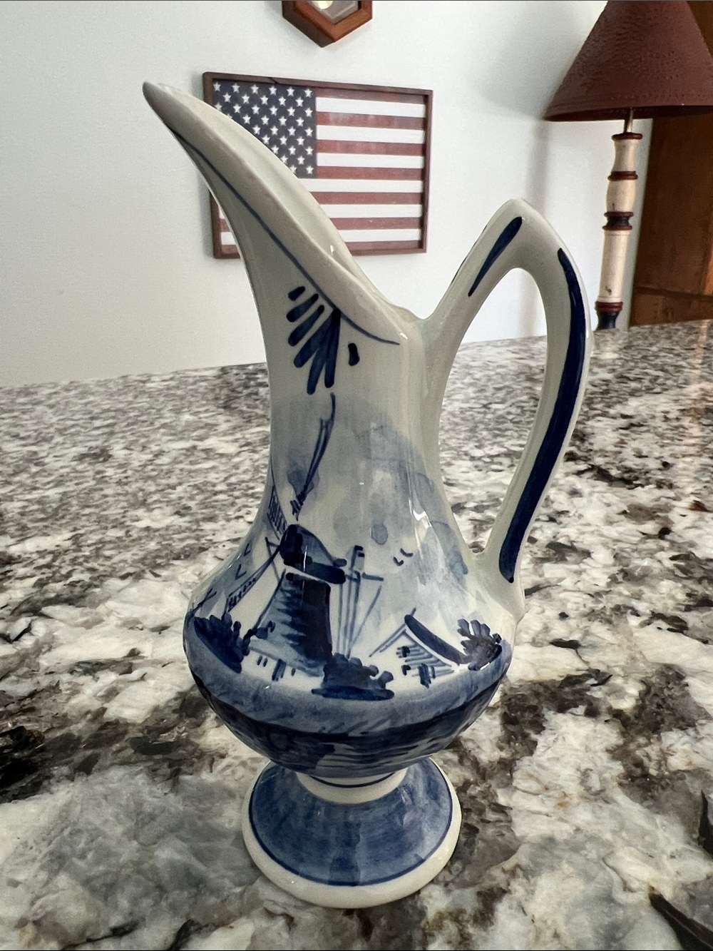 Blue and White Ceramic Pitcher Vase with Hand-Painted Landscape